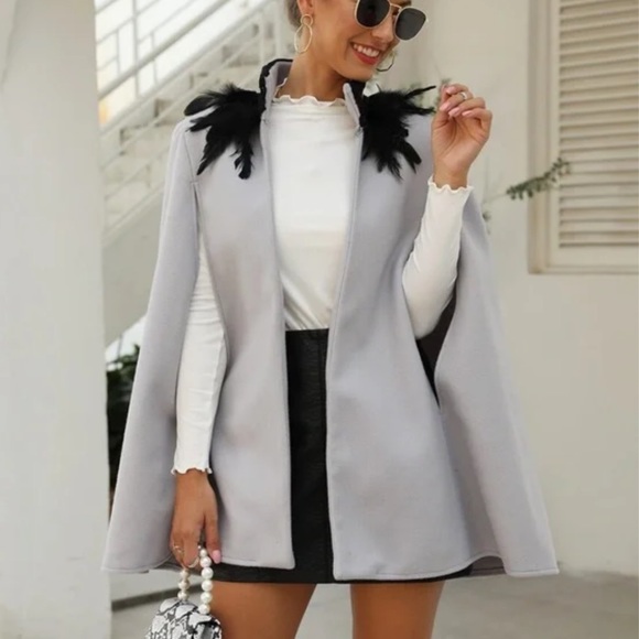 Classic gray Open Front Feather Trim Cape Jacket - Picture 2 of 11